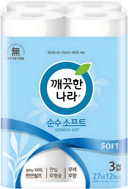 깨끗한나라 순수 소프트 3겹 화장지, 27m, 12롤, 1개