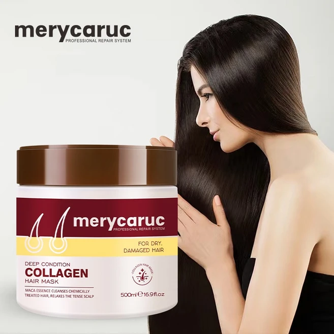 merycaruc 500ml 상한머리복구 손상모 전용 콜라겐 헤어 마스크 헤어캡모자세트 탄머리 케어 미용실전용, 1개 - 쿠팡