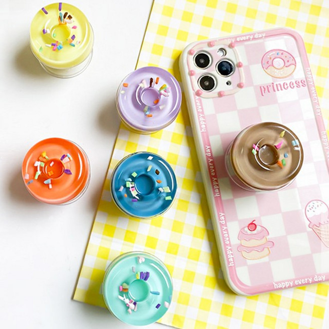 쁘띠마켓 도넛 레진 에폭시 입체 원형 투명 파스텔 스마트톡 핑거톡 도너츠 핸드폰 스마트폰 거치대, 1개, 옐로우