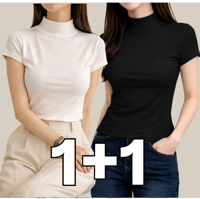 아쥬르 여성 하프넥 캡소매 반팔 반목 티셔츠 1+1