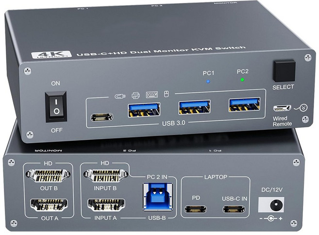 Navceker USB 3.0 USB-C HDMI KVM 스위치 듀얼 모니터 C타입 KVM 스위치 노트북 1 대 컴퓨터 2 대 맥북 2 PC용 4K 60Hz, ZY-KC202CH