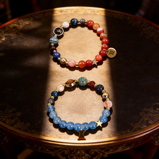 우주 은하 8개 행성 12개 별자리 팔찌 2개 + 팔찌 천칭자리 처녀자리 궁수자리 보석 조디악 펜던트 팔찌 발렌타인데이 보석 커플 선물