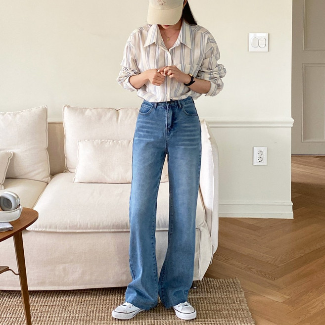 앤샵 여성용 [당일출고] 하이웨스트 세미 와이드 롱 데님 팬츠 컷팅 일자 청바지 뉴트로 빅사이즈