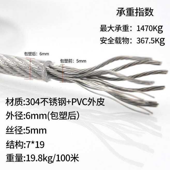 #304不銹鋼鋼絲繩子 細軟鋼絲線 晾衣繩架 鋼索粗1 1.5 2 3 4 5 6 8mm鋼絲線鋼索 細鋼絲, 1個, 304不銹鋼6mm包塑7*19結構軟1米
