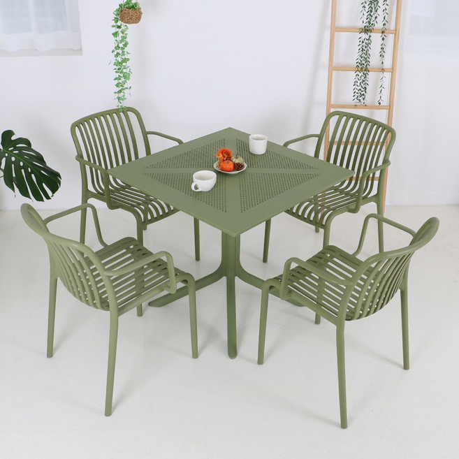 체어센스 카프리 테이블 800 사각 + 루나 암체어 4인 세트 야외 의자 카페 플라스틱 정원 테라스, 카프리800사각 올리브그린, 루나암 올리브그린 4개