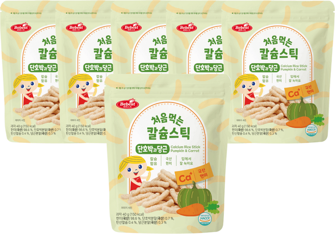 베베스트 칼슘 스틱 유아 쌀과자, 단호박 + 당근 혼합맛, 40g, 6개