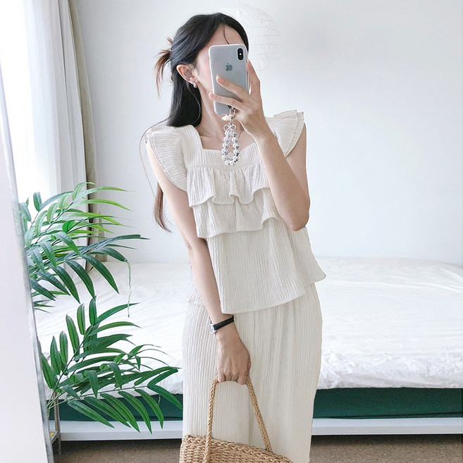 요시아나 [당일발송] 유엘라 캉캉 프릴 나시 탑 롱팬츠 투피스 세트 2컬러