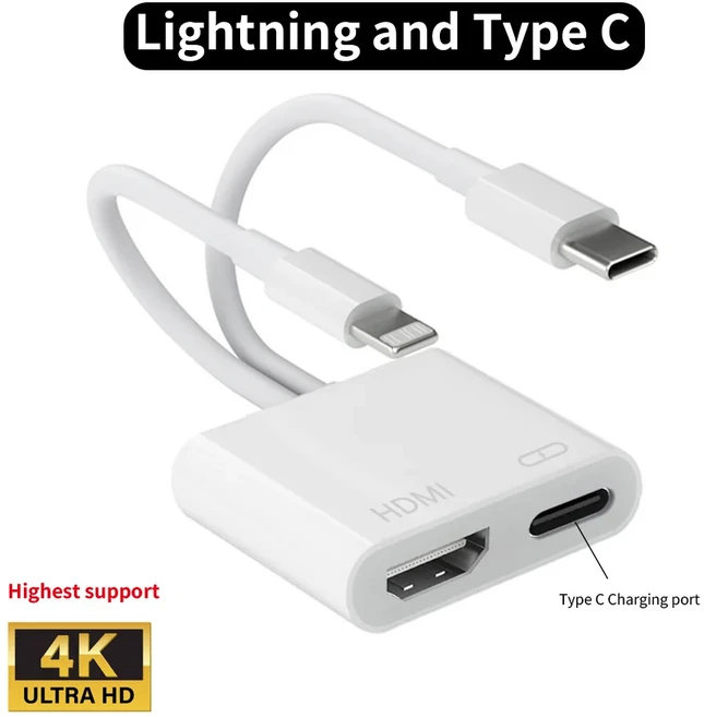 호환 라이트닝/타입 C USB 디지털 AV HDMI 어댑터 4K@60Hz 아이폰 호환 16 15 14 13 12 11 Pro Max XS XR 8