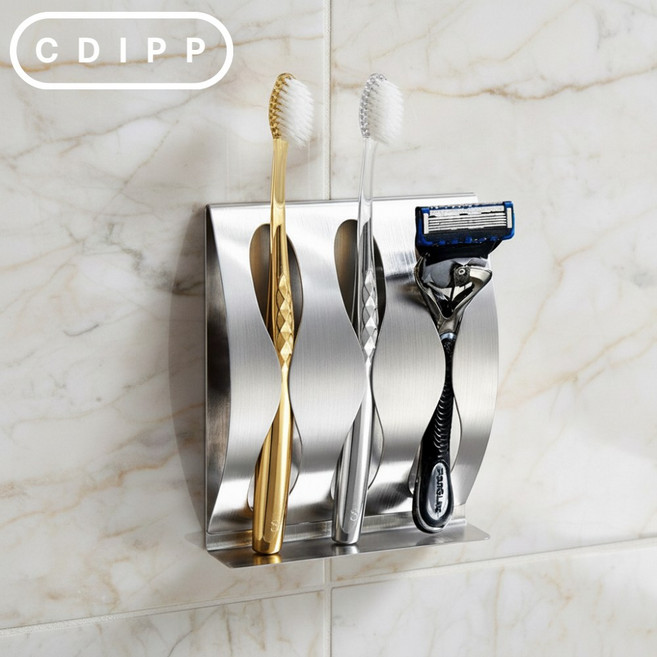 크디프 스테인리스 멀티 웨이브 패밀리 무타공 접착식 벽걸이 칫솔꽂이 면도기걸이 욕실걸이 홀더 거치대, 1개, 웨이브 3구