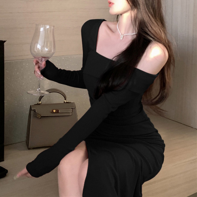 홀리제 르나 하객룩 롱원피스 니트 원오프숄더 트임 골지 슬림