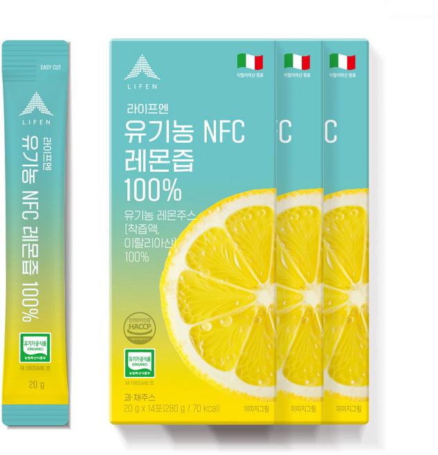 라이프엔 유기농 레몬즙 NFC착즙 이탈리아산 100% 스틱, 280g, 3개