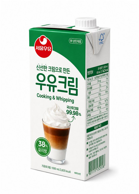 서울우유 신선한 크림으로 만든 우유크림 1000ml 쿠킹& 휘핑, 1개, 1L