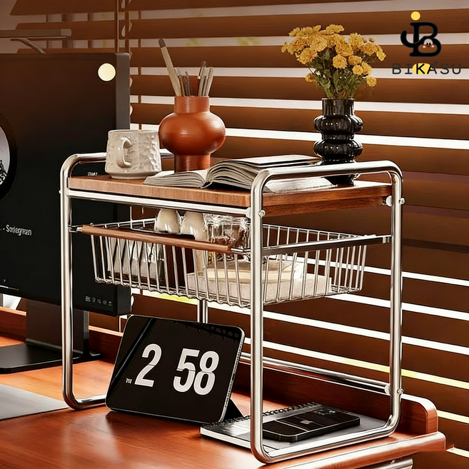 BIKASU 조립식 주방 다층 전자레인지 선반 서랍형 오븐 수납 선반 무타공 전자렌지 정리대 다용도 주방 용품 정리 선반, 2단, 호두나무색