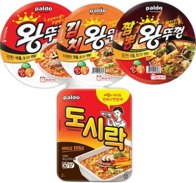 팔도 컵라면 혼합 왕뚜껑 + 김치왕뚜껑 + 짬뽕 + 도시락 총, 15개