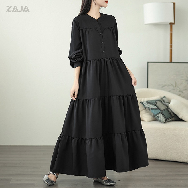 ZAJA 여성 블랙 긴팔 루즈핏 롱 원피스 가을 원피스