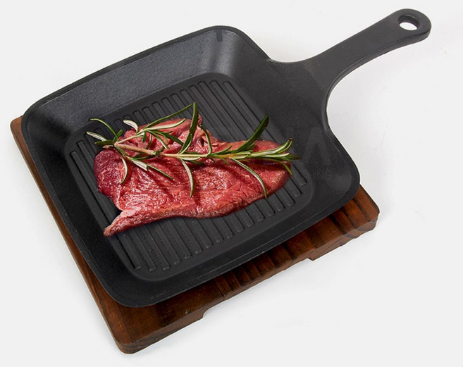 손잡이 주물사각팬 서버 무쇠팬 그릴팬 나무받침포함, 1세트