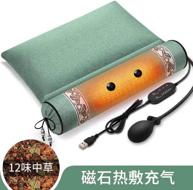 蕎麥艾草中草藥花草護頸枕52X28+9多規格, 充氣加熱款12味中草--瑪瑙綠