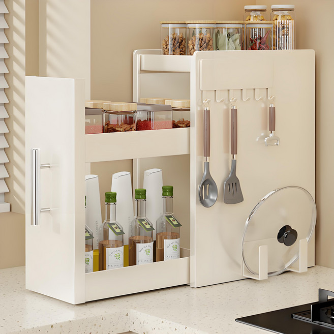 Seonsi home 다용도 수납함 철제 슬라이딩 양념통정리함 공간절약 견고한 철제 구조 주방 싱크대 아래 수납장 팬트리 다용, 화이트, 1개