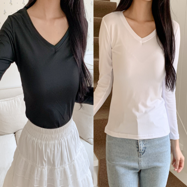 에르모소 1+1 봄 가을 사계절 간절기 이너 기본 티셔츠 슬림 무지 여성 긴팔티셔츠 H-C000