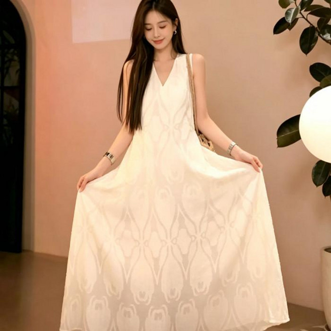 女款長洋裝 無袖 寬鬆 修身 約會穿搭, 白色（提花+内里）,2XL