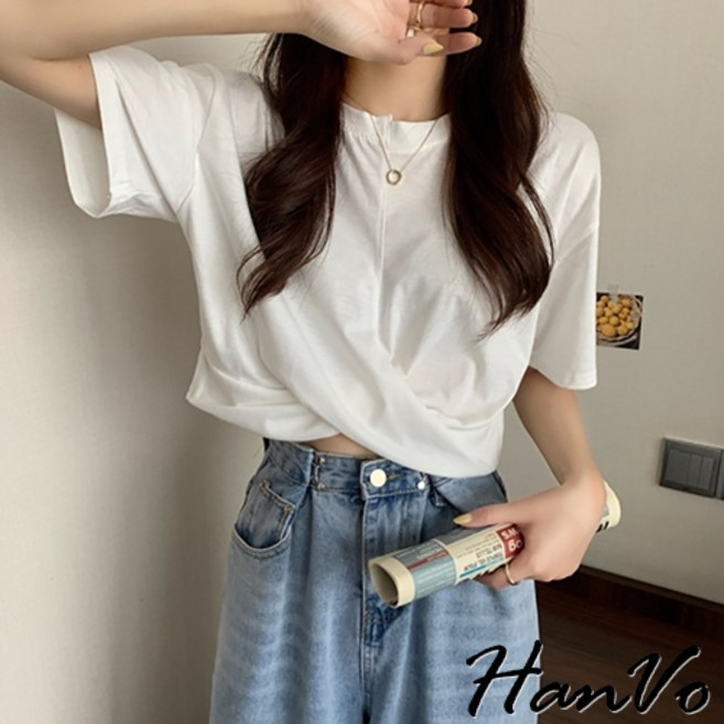 HanVo 簡約扭結設計短版T恤 韓版休閒顯瘦圓領短袖上衣 A01-1284