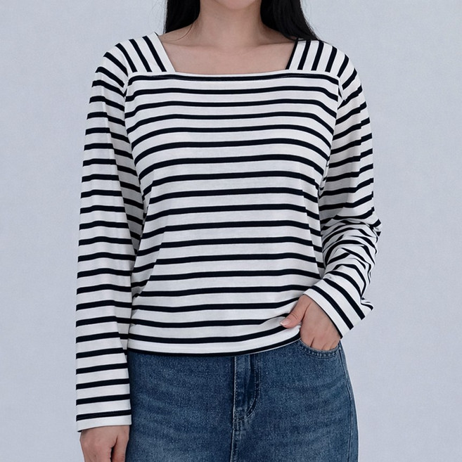 마이너 스트라이프 스퀘어넥 여유핏 긴팔 티셔츠