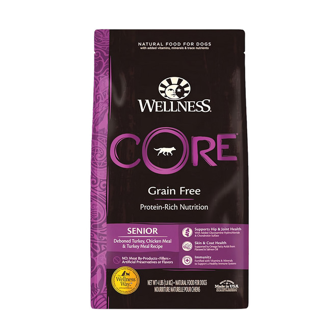 WELLNESS 寵物健康 CORE 熟齡犬 無穀 乾飼料, 新鮮火雞肉, 4lb, 1袋