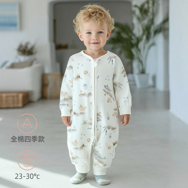 HYLSS 全棉分腿睡袋 拉鍊防踢 四季款新生兒爬服睡袋, 100建議2-3歲25-28斤海底王國-睡袋
