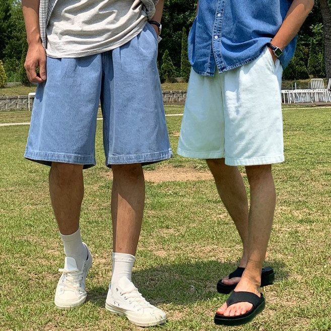 남자 남성 더블 핀턱 뒷밴딩 버뮤다 와이드 데님 청 반바지