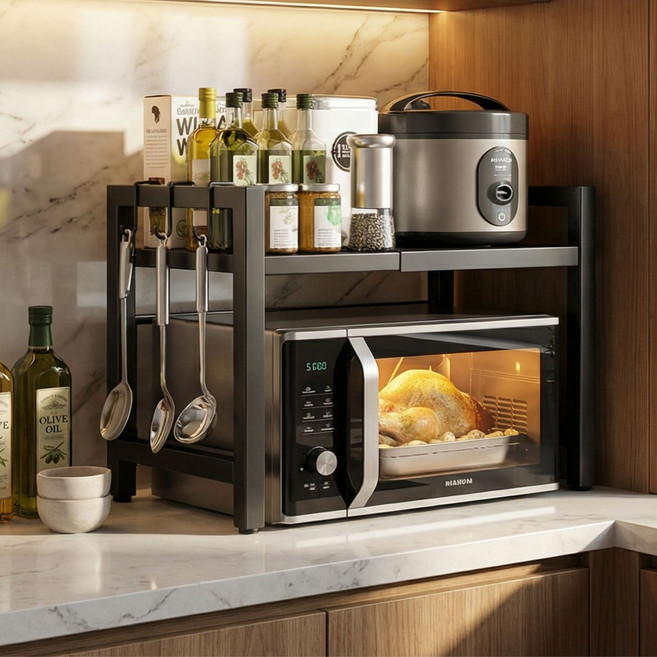 린델 조절식 주방 다용도 전자레인지 선반 수납 정리대 밥솥 거치대, 2단, 블랙