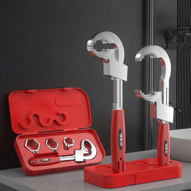 KKSK 1/1+1 만능 몽키 스패너 수도관 파이프 멀티 렌치 싱크대 세면대 배관 싱크대 수전 4종세트 수전 수리 공구, 1세트