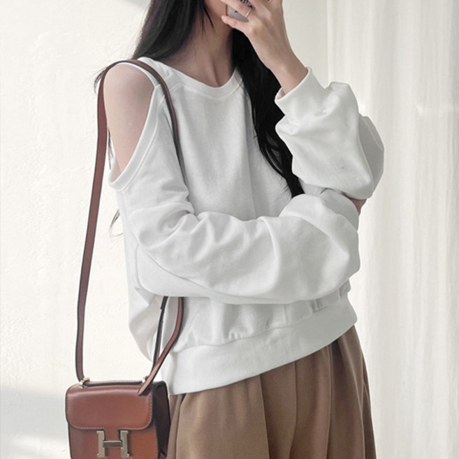 마이쏭 여성 어깨트임 라운드 긴팔티 캐주얼 하트콩숄더홀트임맨투맨