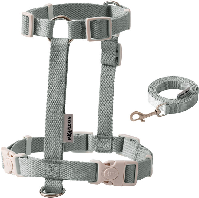 니디포 앞섬방지 H형 강아지 하네스 세트 면소재 하네스+리드줄, 오리지널 그레이 Grey, 1개