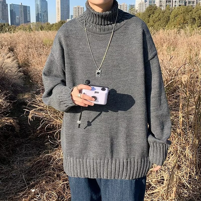 하이넥 스웨터 남성 가을 겨울 루즈핏 단색 니트 스웨터 하이스트리트 대형 코트