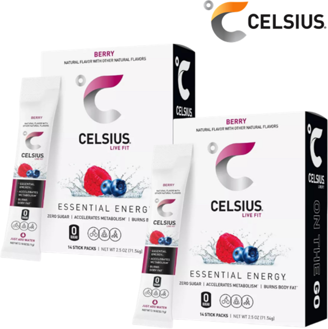 [CELSIUS] [1+1] 셀시어스 히트 워터 제로슈가 베리 맛 14개입 + 베리 맛 14개입 운동 보조 에너지 드링크 분말 파우더 CELSIUS Energy Drink Mix