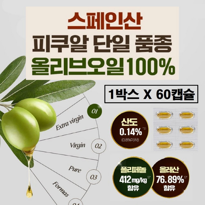 올리브오일 캡슐 엑스라버전 100% 지중해 피쿠알 올리브유 스페인 냉압착 산도 0.2% 0.8% 이하 엑스트라버진 개별포장 먹는 식물성 올레오칸탈 폴리페놀 효능 공복 추천 스페인산, 1박스, 60정