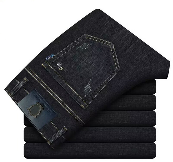 男士牛仔褲秋季厚款寬鬆直筒彈力休閒褲中年大碼高腰長褲爸爸褲子