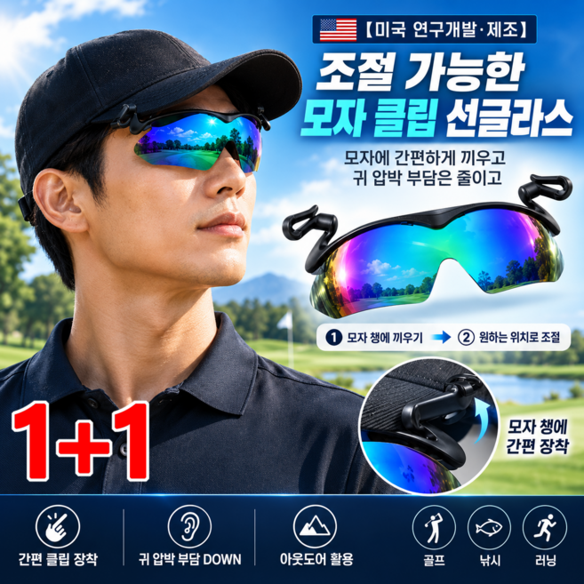 1/1+1 【미국 연구개발·제조】조절 가능한 모자 클립 선글라스 모자 장착형 클립 선글라스 스포츠 캡쉴드 자외선차단 UV400 보호