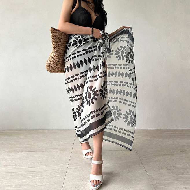 네모엔룩 비치커버업 여성용 쉬폰 나염 패턴 바캉스 비키니 커버 시스루 랩 레이어드 비치웨어 스커트