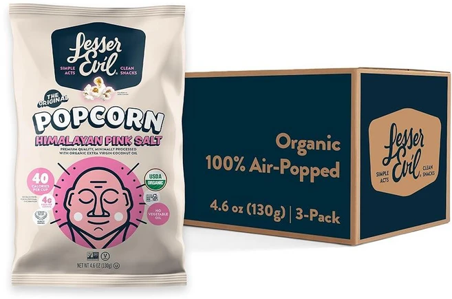 LesserEvil \"히말라야 핑크 솔트\" 유기농 팝콘 아마존 독점 프리미엄 품질 최소한의 가공 식물성 오일 없음 130.4g(4.6온스) 3팩. Guru 스티커 1, 히말라야-핑크-솔트 - 쿠팡