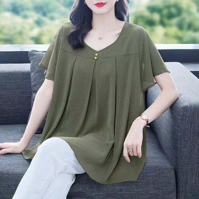 Neirny 중년 여성 빅사이즈 쉬폰 블라우스 반팔 여름 냉장고 엄마룩 브이넥 기질 패션 속건 루즈핏 하객룩 고급 풀오버 상의