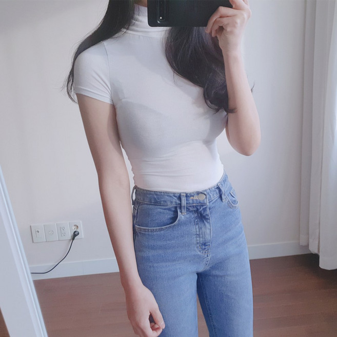 나날샵 치츠 스판 레이온 폴라 반팔티 여성 티셔츠 티 레이어드 목티 반폴라 목폴라