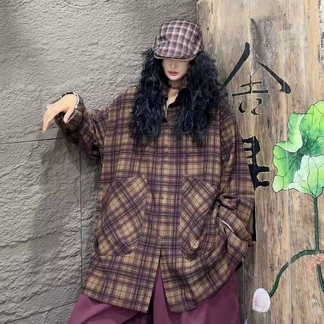 【棉麻拼接】連帽襯衫 格子襯衫 開衫襯衫 女式襯衫 寬鬆襯衫 貼布口袋 棉麻混紡 秋季新款 休閒百搭 慵懶風穿搭