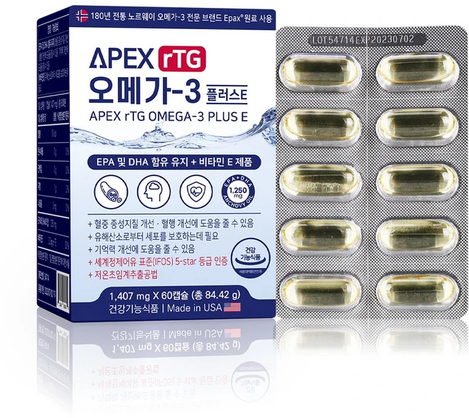 Life Bloom corp 미국직수입 에이펙스 알티지오메가3 플러스E 비타민E (1407mgx60캡슐), 1개, 60정 - 쿠팡