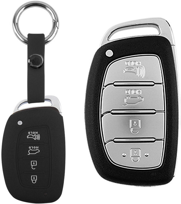 더조은셀러 현대 베뉴 LF소나타 아반떼AD 올뉴 뉴 투싼 IX i40 호환 스마트키 키링+키홀더 실리콘 케이스 key-02 키홀더, 블랙