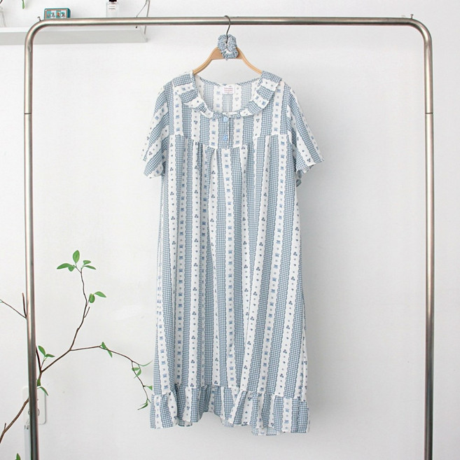 엠보시어서커 반팔 잠옷 원피스 + 머리끈 _ 여성 홈웨어 실내복