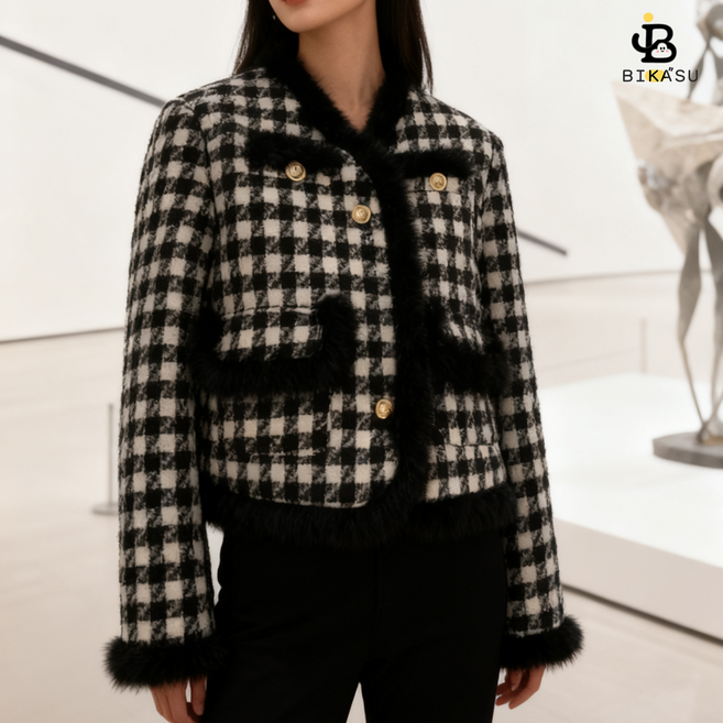 BIKASU 여성 긴팔 기모 트위드자켓 고급 브이넥 패션 겨울 점퍼 숏 모직 코트