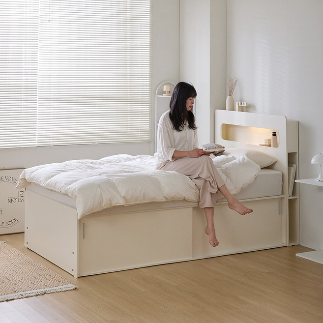 휴먼앤퍼니처 밀러 빅수납 슬라이딩 LED 침대 (헤드+풋보드 포함), 03.슈퍼싱글+독립매트 GHM306 착불_아이보리
