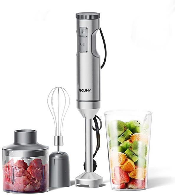 핸드 블렌더 800W 스테인리스 스틱 믹서기 4in1 구성 무단 속도 조절 안전 잠금 설계 700ml 믹싱컵 500ml 다지기 거품기 포함 ROUNY, H1 - 핸드블렌더