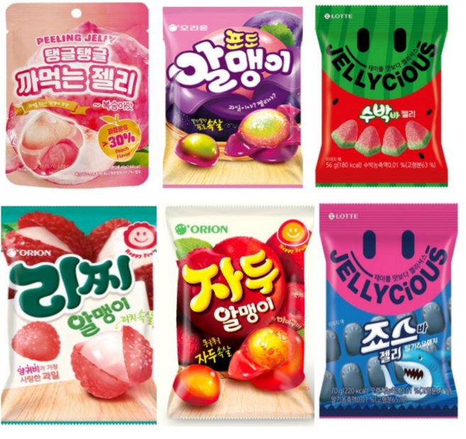 인기젤리 6종 탱글탱글 까먹는 젤리 복숭아맛+포도알맹이+수박바 젤리+리찌알맹이 젤리+자두 알맹이 + 죠스바 젤리, 6개, 67g